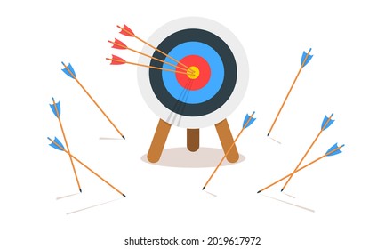 Archery target ring with three hitting bullseye and many missed arrows. Goal achieving idea. Business success and failure symbol. Efficiency and accuracy concept. Vector cartoon illustration.