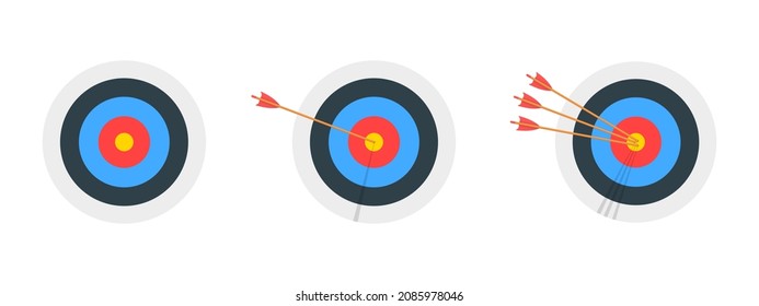 Archery target rings with and without arrows hitting bullseye. Round dartboards isolated on white background. Goal achieving concept. Business success strategy symbols. Vector cartoon illustration.