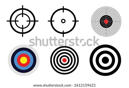 Archery target set. Shoting target set. Set of targets at white background. Concept of archery or reaching the goal in business. Vector illustration. archery target set shooting target	