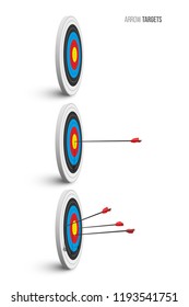 Archery target set. Archery targets with red arrows isolated on white background. Vector poster or banner template.