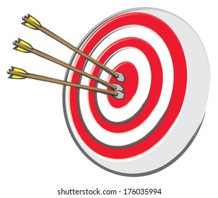 An archery target with three arrows at the bullseye.