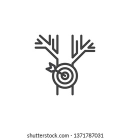 Archery, target and tree line icon. linear style sign for mobile concept and web design. Tree with target and arrow outline vector icon. Outdoor symbol logo illustration. Pixel perfect vector graphics