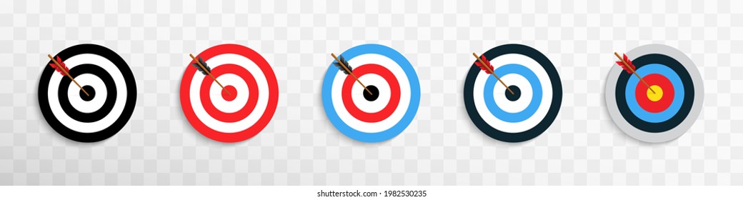 Archery targets with arrow realistic illustration on transparent background. Set of targets with arrow. Business goal strategy concept. Reaching a goal concept. Vector illustration EPS 10