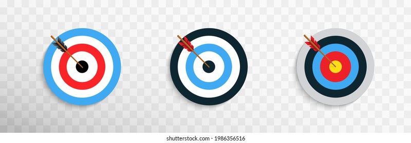 Archery targets with arrow realistic illustration on transparent background. Set of targets with arrow. Business goal strategy concept. Reaching a goal concept. Vector illustration EPS 10