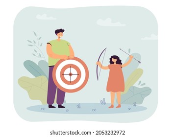 Archery teacher with target in hands teaching child. Kid holding bow and arrow flat vector illustration. Childrens sports club for archers concept for banner, website design or landing web page