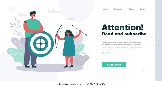 Archery teacher with target in hands teaching child. Kid holding bow and arrow flat vector illustration. Childrens sports club for archers concept for banner, website design or landing web page