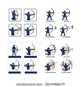 Archery technique illustrations showing bow shooting positions and form And, international sports event, multi sport competition, athletics championship, sports tournament, Commonwealth Games