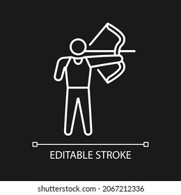 Archery white linear icon for dark theme. Bow shooting. Accuracy sport contest. Disabled athlete. Thin line customizable illustration. Isolated vector contour symbol for night mode. Editable stroke