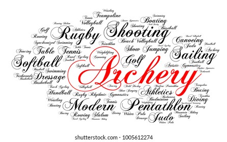 Archery. Word Cloud , Elegant Cursive Font, White Background. Summer Sports.