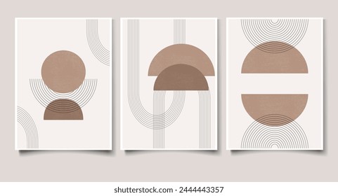 Afiches abstractos de los arcos. Conjunto de impresión de arco en estilo minimalista. Boho decoración casera de círculos y líneas en colores pastel.Vector arte minimalista.