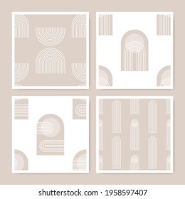 Arches abstract seamless patterns. Arc wallpaper set in minimalist style. Boho home textures in pastel colors. Geometric decor print illustrations.