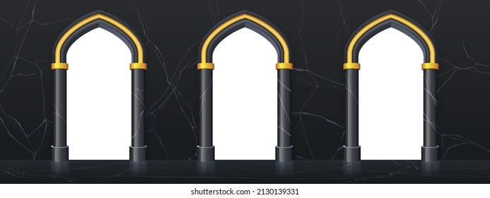 Arches in black marble wall and columns with gold decoration. Vector cartoon illustration of luxury vintage interior of castle, royal palace or temple with marble terrace and arcade