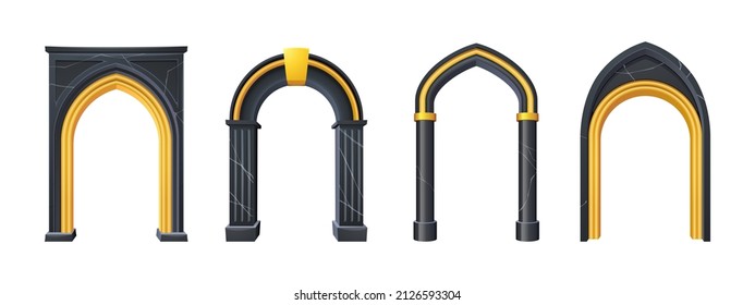 Arches with columns, interior gates with black marble pillars and gold decoration, palace or castle archway frames, portal entrance, antique doorways or niches, Realistic 3d vector illustration, set