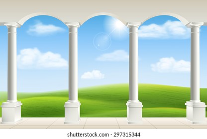 Arches and columns on landscape background