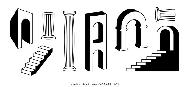 Arches, columns and stair collection. Surreal greek ruin element set. 3d antique style arcs, doors, pillars, staircase, gates bundle Trippy shapes pack for collage, poster, banner, sticker. Vector