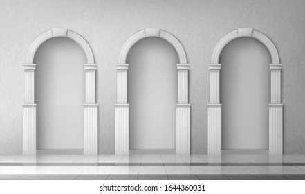 Arche mit Säulen in Wandsäulen, Innen-Tore mit weißen Säulen im Palast oder Schloss, Bogenrahmen, Portaleingang, antike Alkove, runde Türschdekoration, realistische 3D-Vektorillustration-Illustration