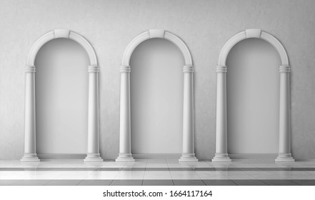 Arches with columns in wall, interior gates with white pillars in palace or castle Realistic 3d vector mock up