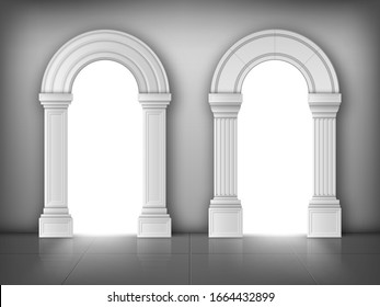 Arches with columns in wall, interior gates with white pillars in palace or castle, archway frames, portal entrance, antique doorway with sun light going from outside. Realistic 3d vector illustration