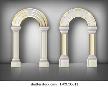 Arches with columns in wall, interior gates with white pillars and gold decoration in palace or castle. Archway frames, portal entrance, antique doorways or niches. Realistic 3d vector illustration