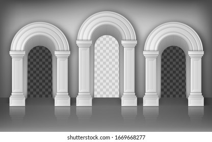 Arches with columns in wall realistic vector, interior gates with white pillars in palace or castle corridor, archway frames, portal entrance, antique doorway with shadow inside, 3d illustration