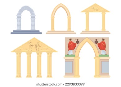 Arches of different historic periods vector illustrations set. Pillars for ancient building facade, entrance to palace or castle. Ancient Rome and Greece, baroque, architecture, luxury concept