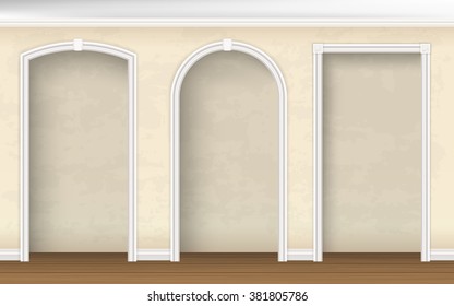 The arches of different shapes in the wall. Architectural element of interior decoration. Vector realistic illustration.