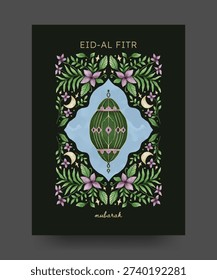 Arches flower frame and lanterns on dark background for Islamic religious day event poster, greeting card, invitation.