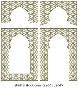 Arches, frames design elements. Arabic geometric ornament.Brown color.