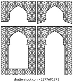 Arches, frames design elements. Arabic geometric ornament.Black color.