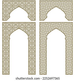 Arches and frames. Four design elements. Two Arabic geometric ornaments. Brown color.