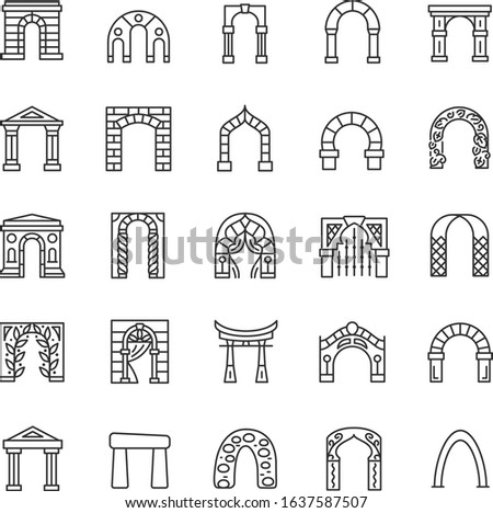 Arches, icon set. Arch architectural element from various materials, linear icons. Line with editable stroke