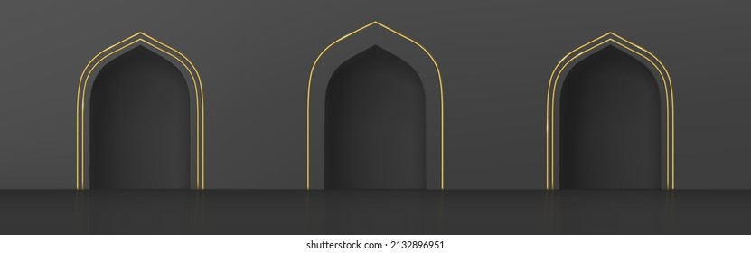 Arcos de estilo islámico, puertas interiores con decoración dorada en pared negra. Enfoques de arco de mezquitas, palacios o castillos, entrada al portal, puertas o nichos antiguos, ilustración vectorial 3d realista, conjunto