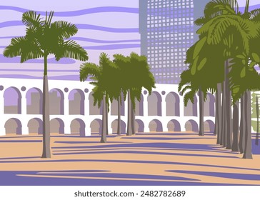 Arcos de Lapa, Río de Janeiro, Brasil. Paisaje urbano de Río, Centro, puente con tranvía, viaducto. Vector gráfico, ilustración creada por el artista.