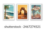 Arches, National Park, Cannes, France, Las Vegas, Nevada - Set Vintage Travel Poster. Vector illustration. High quality prints