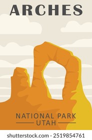 Cartaz de aventura ao ar livre do parque nacional Arches. Ilustração da paisagem de Utah. Monument Valley, Arizona.