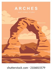 Arches national park poster illustration. 
Travel to Arches National Park in Eastern Utah, United States. Flat Cartoon Vector Illustration in Colored Style.