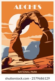 Arches National park USA travel poster in retro style. Beautiful american mountains landscape print. Colofrul flat vector illustration