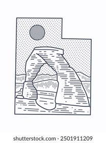 Arches National park Utah map mono line vector illustration for t shirt patch badge design