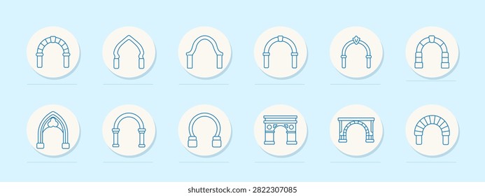 Arches set icon. Curved vault, ceremonial doorway, carved frame, ornamental passageway, gothic silhouette, palace feature, sacred construction, decorative masonry, cultural heritage