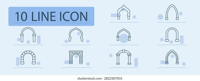 Arches set icon. Gothic portal, brick gateway, curved opening, ornamental frame, historic passage, architectural feature, cultural monument, masonry craftsmanship, heritage structure, decorative
