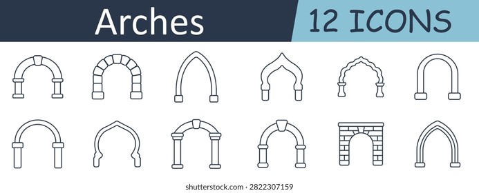 Arches set icon. Roman gateway, brick curve, pointed portal, oriental silhouette, decorative entrance, rounded opening, classical support, masonry landmark, heritage structure, ornamental framework