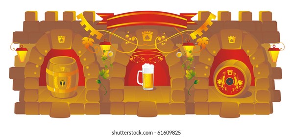 Arches in a stone wall with a beer mug and kegs