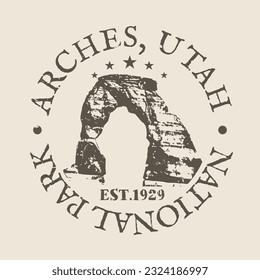 Arches, Utah, National Park Silhouette Postal Passport. Stamp Round Vector Icon. Design Travel Postmark. 