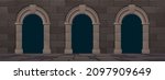 Arches in wall from stone bricks in ancient classic architecture. Vector cartoon illustration of vintage facade of castle, palace or temple with granite blocks and arcade