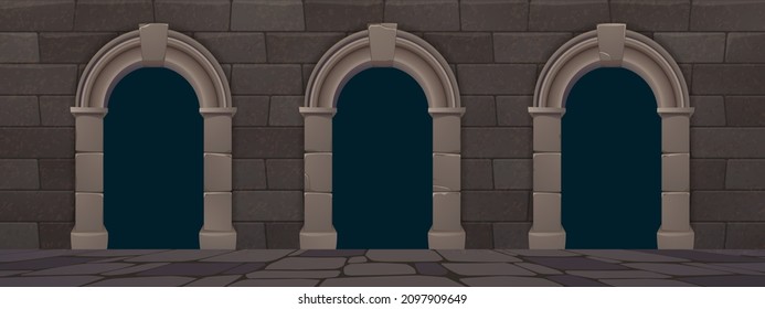 Arches in wall from stone bricks in ancient classic architecture. Vector cartoon illustration of vintage facade of castle, palace or temple with granite blocks and arcade