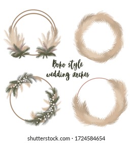 Arches for the wedding ceremony of dried flowers on a white background. Boho style. Design elements. Stylish and modern concept. Flat style. Suitable for invitations, wedding decorations.