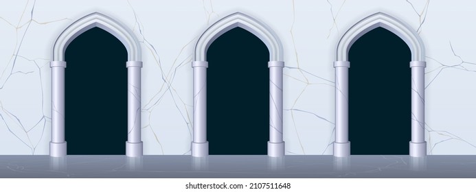Arches in white marble wall and columns in ancient classic architecture. Vector cartoon illustration of vintage facade of castle, royal palace or temple with terrace and arcade