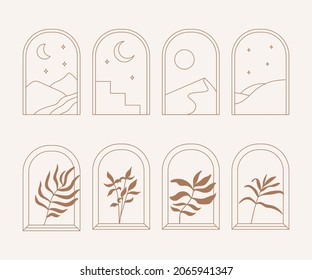 Arches and windows abstract logo set templates in trendy linear minimal style. Mountain landscapes in arches.