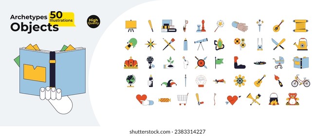 Archetypal symbols 2D linear cartoon objects bundle. Fantasy roleplay isolated line vector elements white background. Imagination, personality traits, hobby color flat spot illustration collection