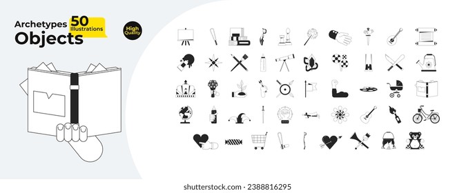 Archetypal symbols black and white 2D line cartoon objects bundle. Fantasy roleplay isolated vector outline items collection. Imagination, hobby monochromatic flat spot illustration collection